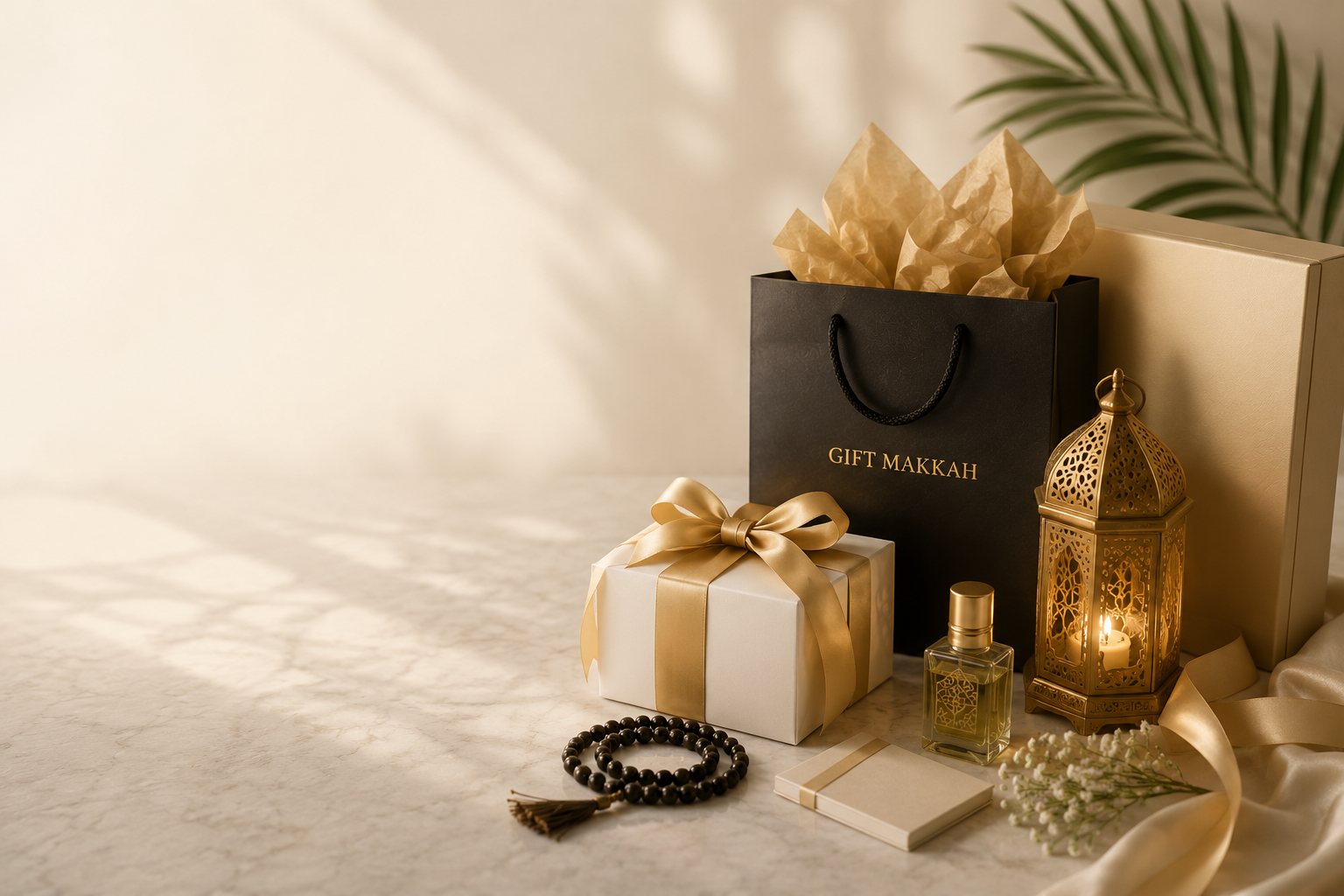 Islamic gifts in Makkah with prayer rugs, perfumes, miswak and premium wrapping