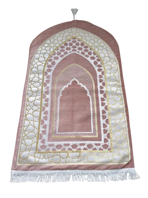 Rose Pink Chenille Mihrab Prayer Rug with padded backing