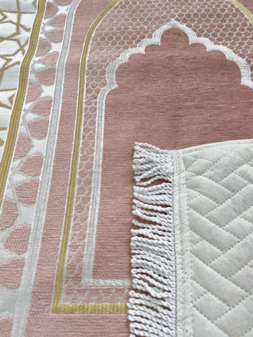 Chenille Mihrab Prayer Rug rose pink fabric and gold decorative details
